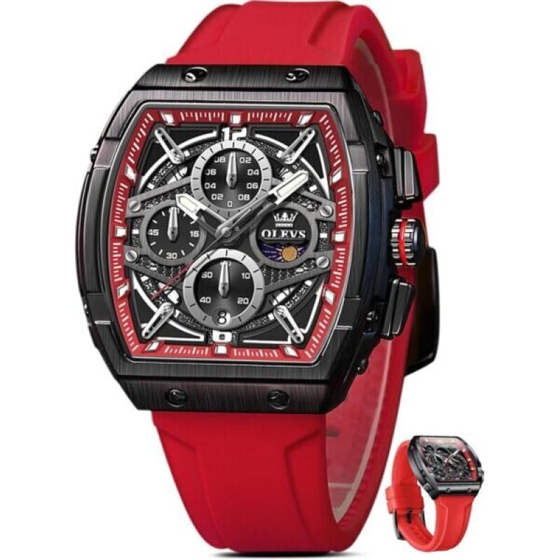 OLEVS Men Red Watches - Luxury Chronograph with Red Silicone Strap - 50% Off