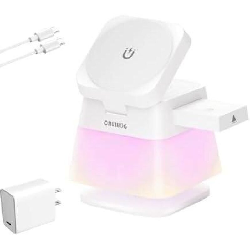 Quad-Functional 15W Apple Charging Station with Magnetic Wireless Charging & Rotatable Night Light