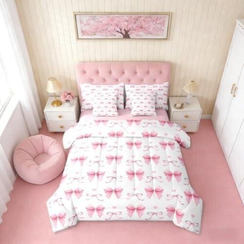 Pink Bows Double Bedspread Set with Pillowcases - 50% OFF
