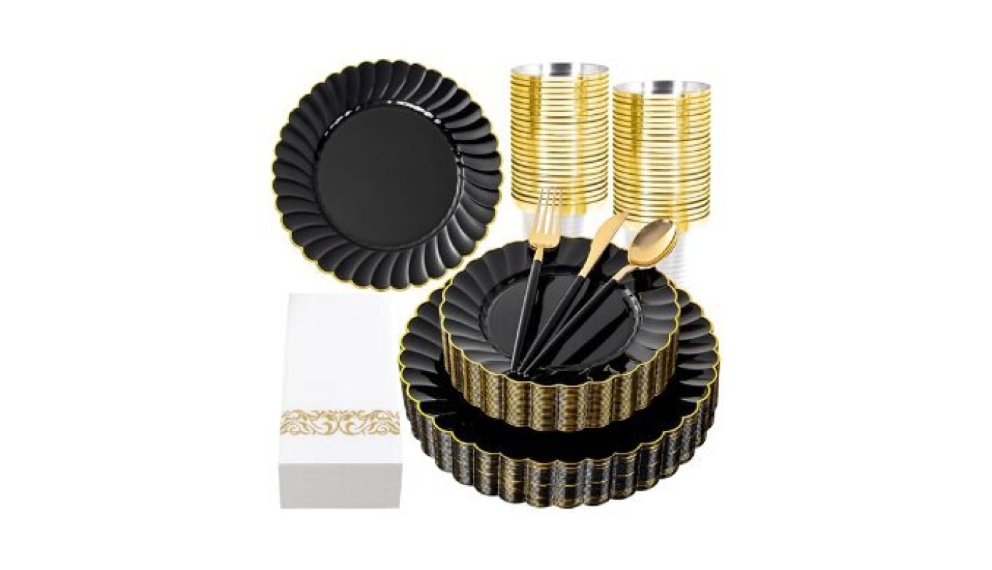 Elegant 175 PCS Black Scalloped Plastic Plates with Gold Trim for Events