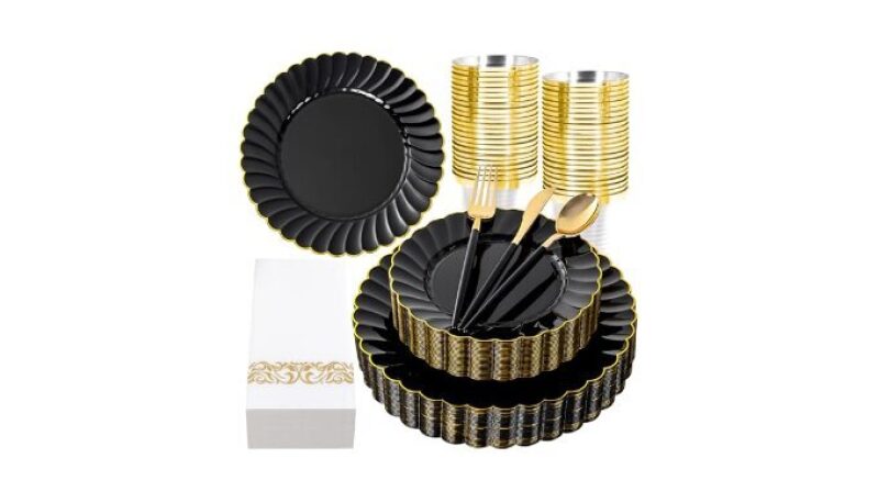 Elegant 175 PCS Black Scalloped Plastic Plates with Gold Trim for Events