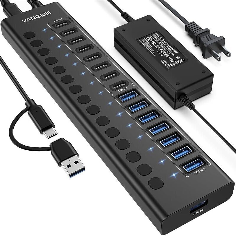 16 Ports USB Hub - 8 USB-A 3.2 + 8 USB-C 3.2, High-Speed Data Transfer