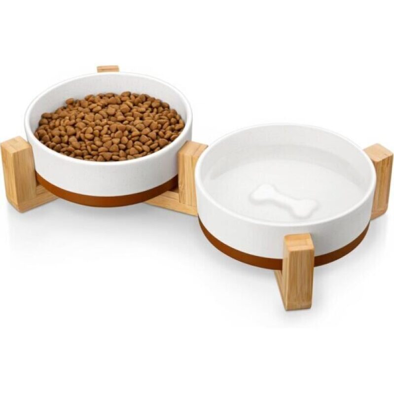 MALACASA Ceramic Dog Bowls with Wood Stand - 58% Off