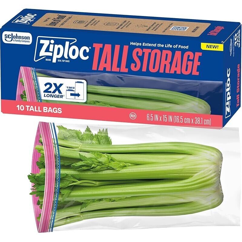 Ziploc Tall Food Storage Bags, 10-Count: Extend Food Lifespan