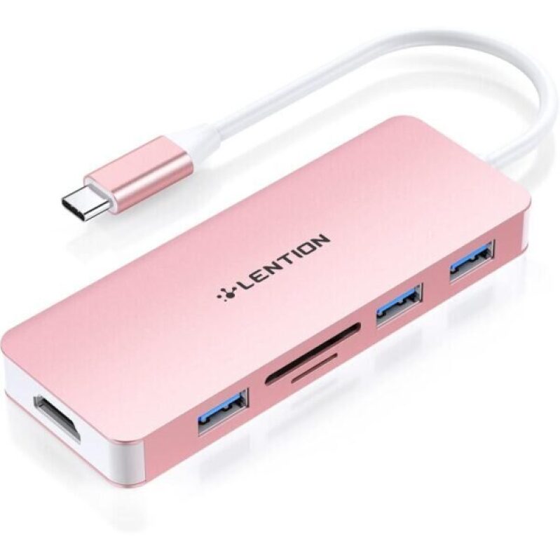 LENTION 5-in-1 USB to USB-C Adapter with SD/TF Card Reader - Pink