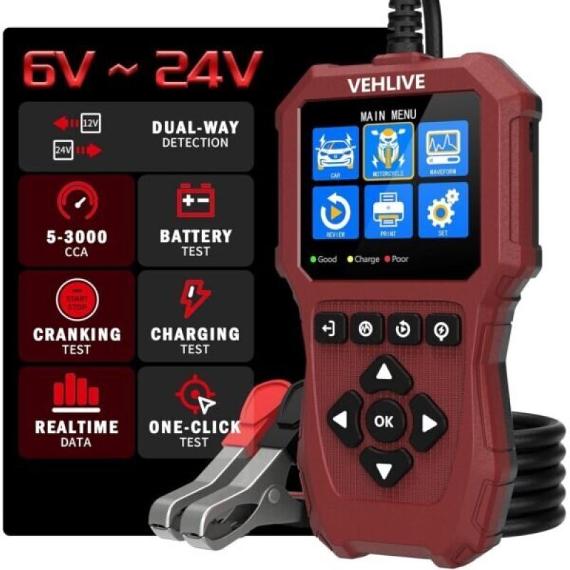 VEHLIVE 6V-24V Battery Tester - Comprehensive Diagnostics