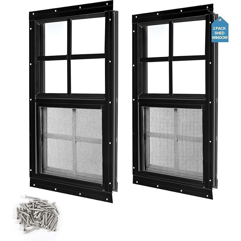 2-Pack Shed Windows with Tempered Glass, Black Aluminum Frame