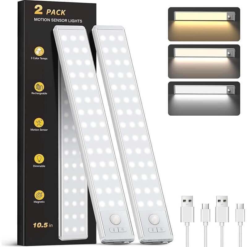 OTWKAY Under Cabinet Lighting 2-Pack - Motion Sensor, Rechargeable, Dimmable, Magnetic