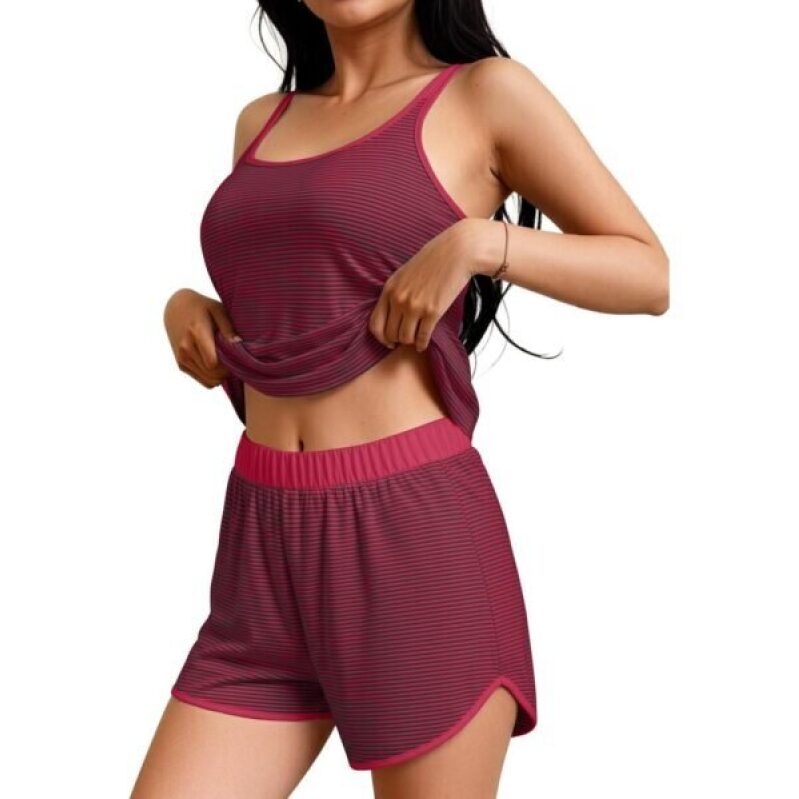 Stylish Red-Blue Striped Tank Top and Shorts Pajama Set - 55% Off