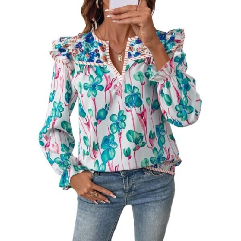 50% Off SHEWIN Floral Print Chiffon Blouse - Business Casual Floral Blue Large
