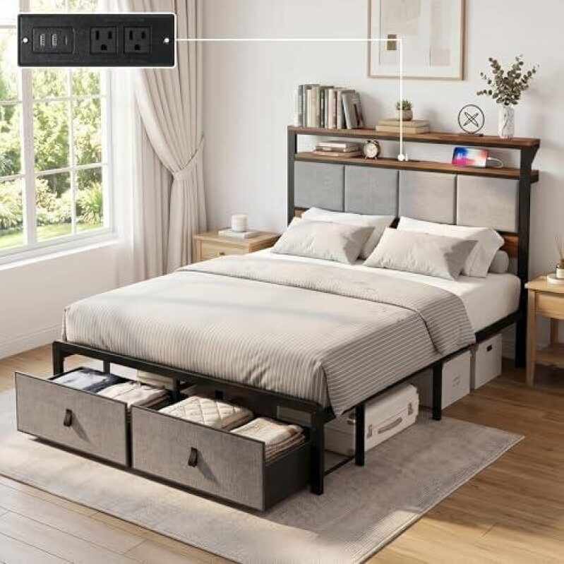 Metal Bed Frame with Storage - Double Layer Shelf & Dual Drawers