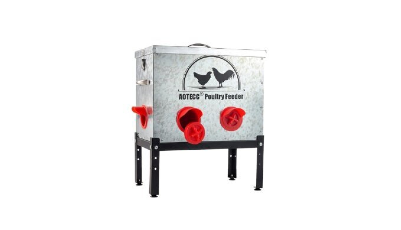 AOTECC Metal Chicken Feeder, 40lb Automatic Chicken Feeder – 6 Feeding Ports, No Waste Poultry Feeder