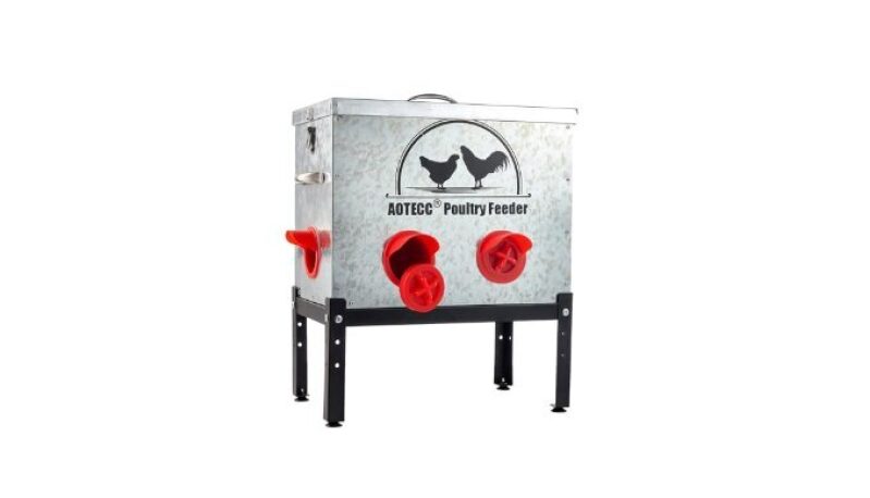 AOTECC Metal Chicken Feeder, 40lb Automatic Chicken Feeder – 6 Feeding Ports, No Waste Poultry Feeder