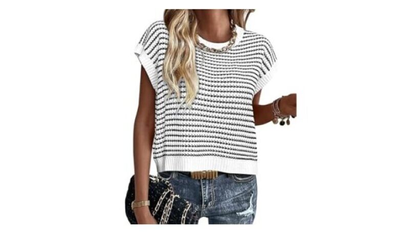 Affordable Striped Short Sleeve Sweater for Teachers