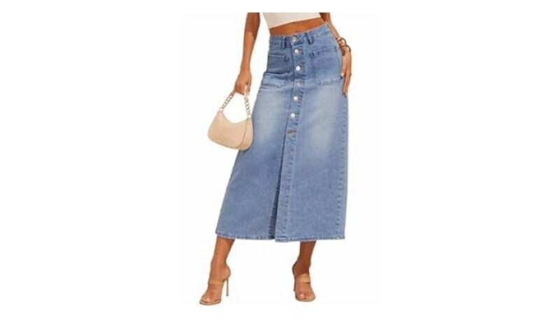 Stylish Women's High Waist Denim Midi Skirt with Pocket Front Slit Buttons