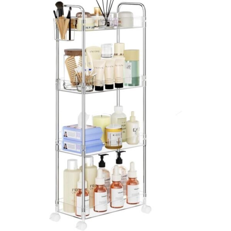 SPACEKEEPER 4 Tier Rolling Storage Cart - Clear Acrylic Bathroom Organizer