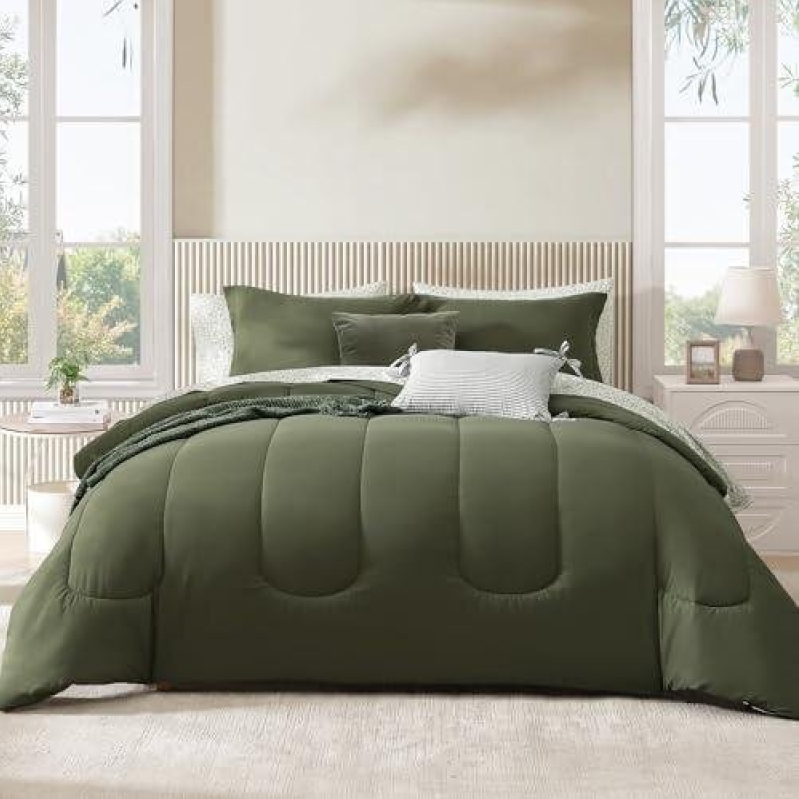 Monbix Olive Green 7-Piece Comforter Set - 58% OFF