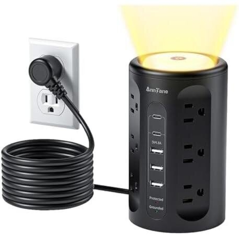AnnTane Night Lamp Extension Cord - 12AC+3A+2C 10ft, Black, 50% OFF