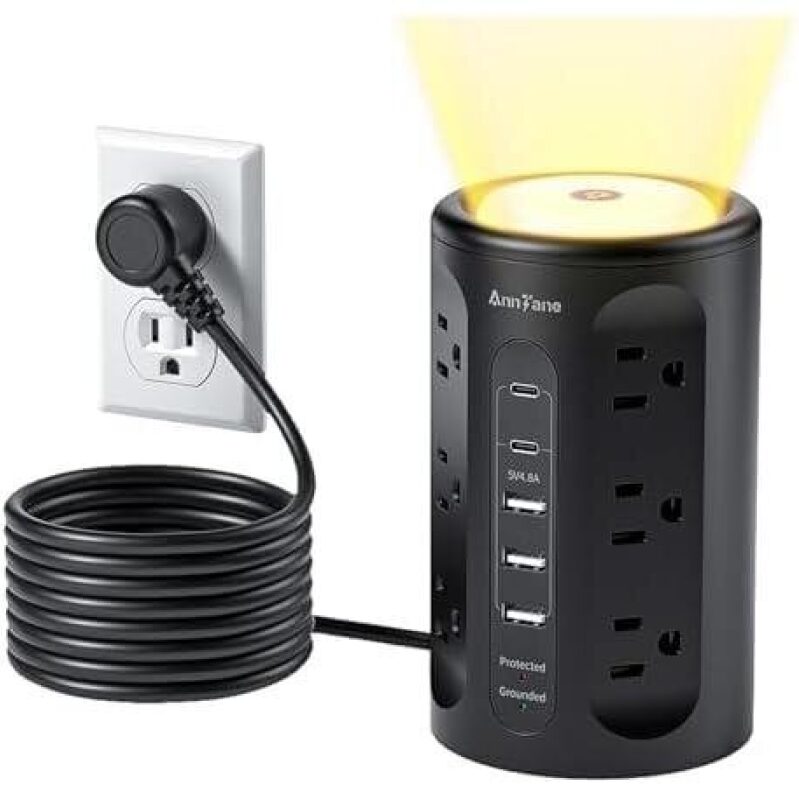 AnnTane Night Lamp Extension Cord - 12AC+3A+2C 10ft, Black, 50% OFF