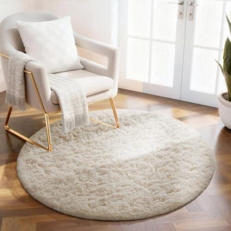 2 Foot Round White Fluffy Rug - 44% Off