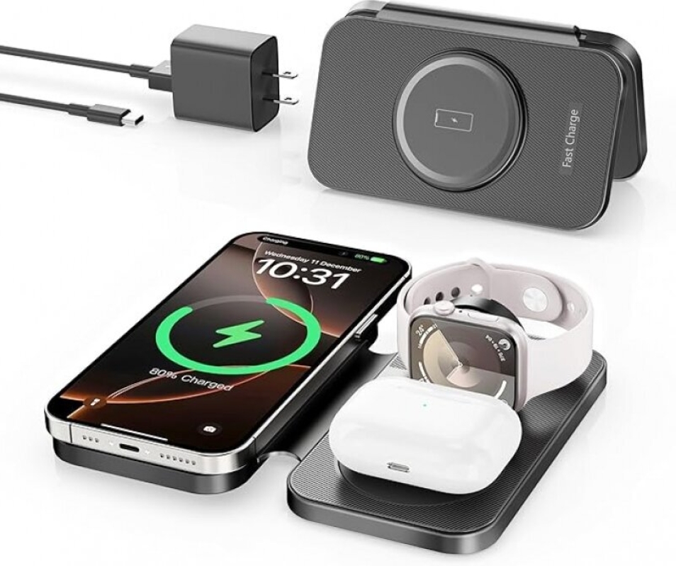 Traveling Portable Wireless Mag-Safe Fast Charging Station for iPhone, Apple Watch, and AirPods
