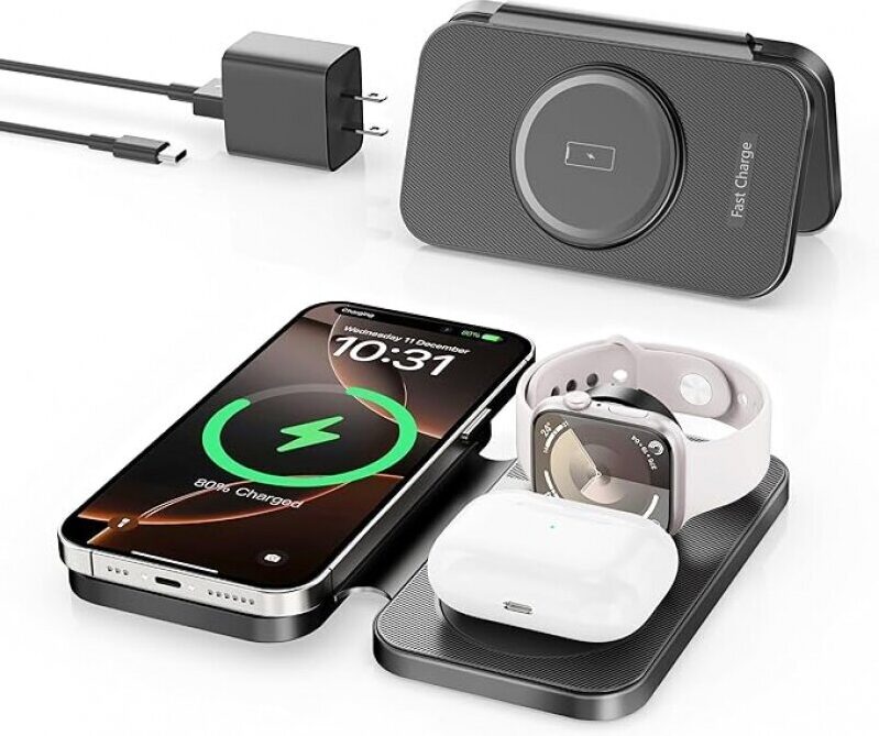 Traveling Portable Wireless Mag-Safe Fast Charging Station for iPhone, Apple Watch, and AirPods
