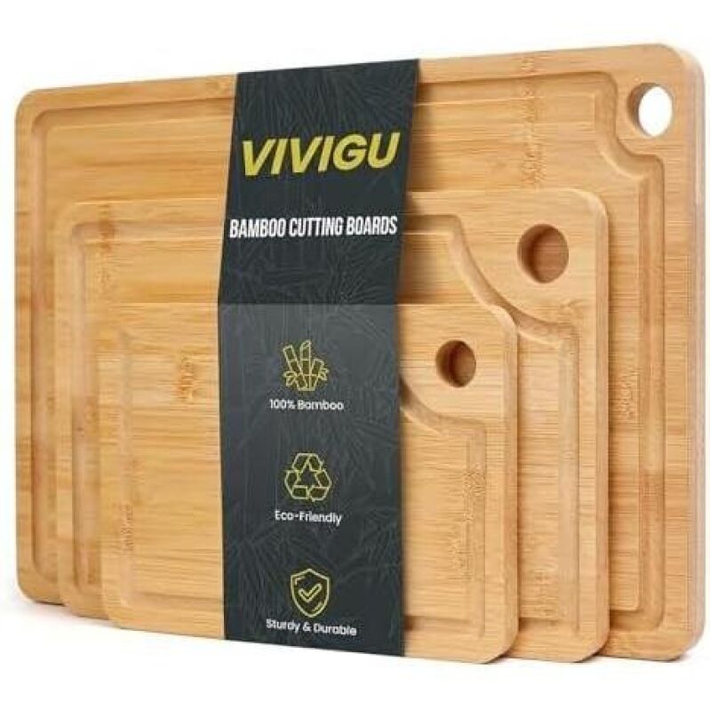 Eco-Friendly Bamboo Cutting Board Set - 3 Pieces with Drain Grooves