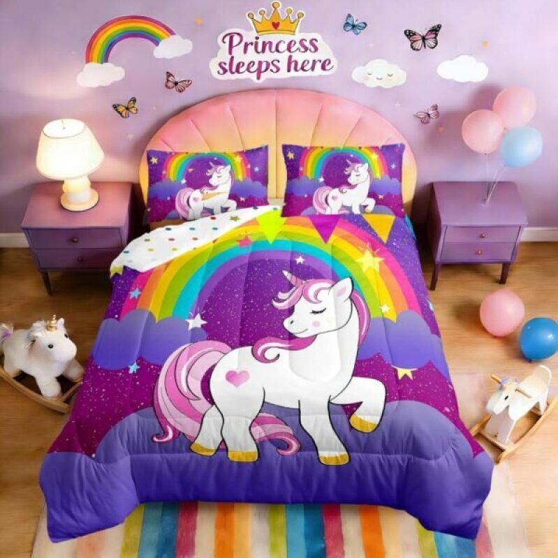 Adorable Unicorn Print Bedding Set for Girls - Magical Rainbow Comforter with Pillowcases