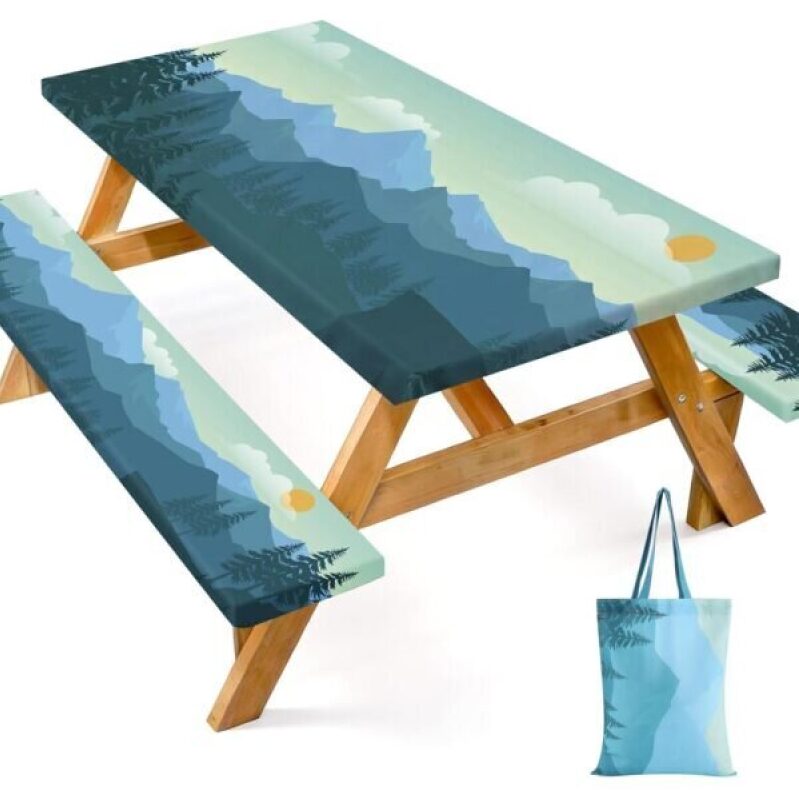 Dntorx Waterproof Picnic Table Cover with Bench Covers and Bag, Camping Tablecloth
