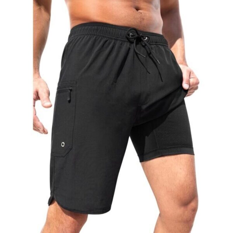SILKWORLD Mens Swim Trunks: 9 Inch Bathing Suit, 2 in 1 Swim Beach Quick Dry Shorts - Black, X-Large