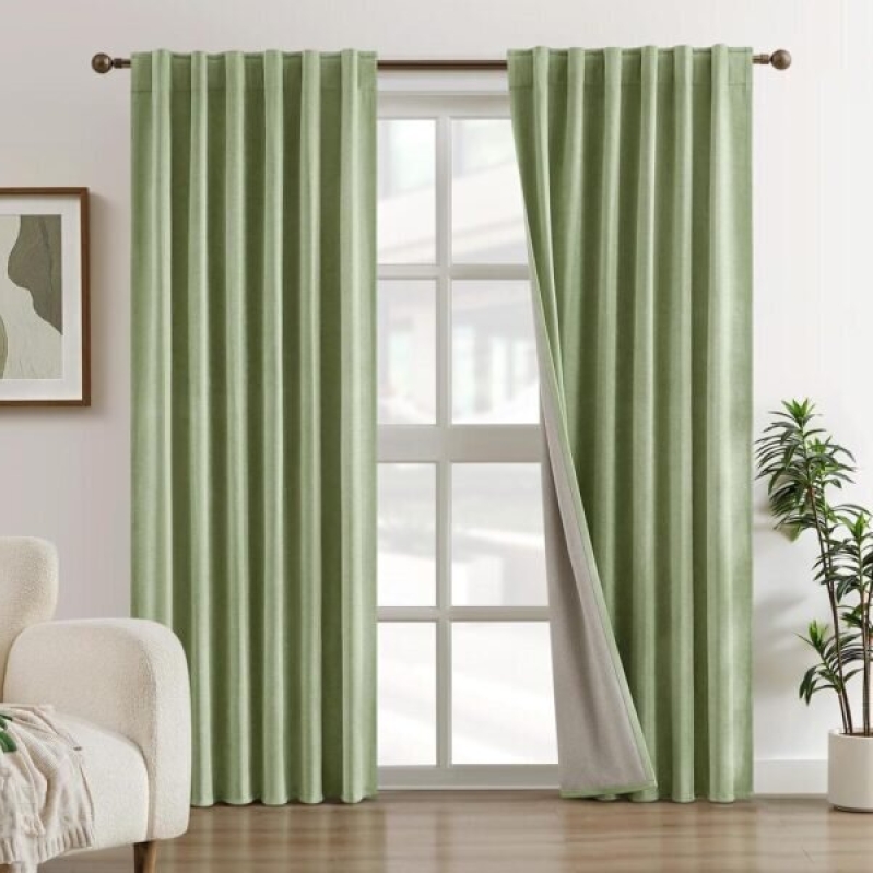 100% Chenille Blackout Bedroom Curtains, Sage Green - 50% Off