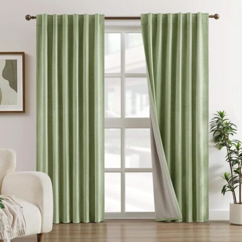 100% Chenille Blackout Bedroom Curtains, Sage Green - 50% Off