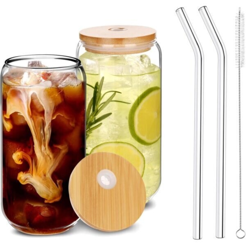 Sleek Glass Drinking Set with Bamboo Lids and Straws - 2-Piece Bundle