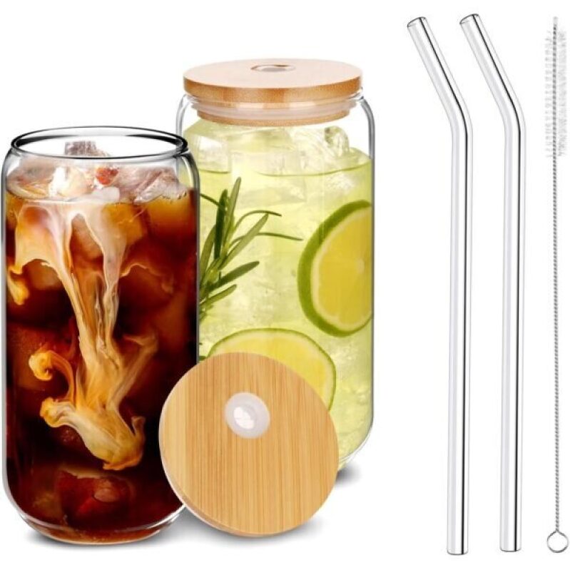 Sleek Glass Drinking Set with Bamboo Lids and Straws - 2-Piece Bundle