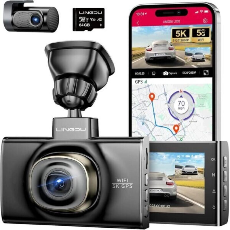 LINGDU 5K Dash Cam with 5G WiFi - 64GB Free