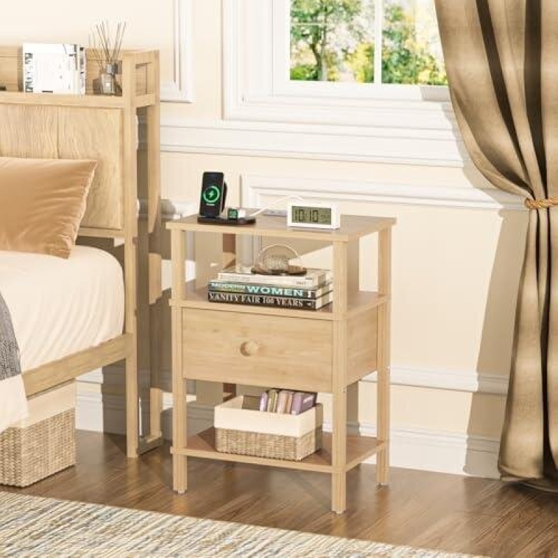 Charging Bedside Table - 3-Tier Storage with USB Ports, Drawer, Natural Wood, Compact