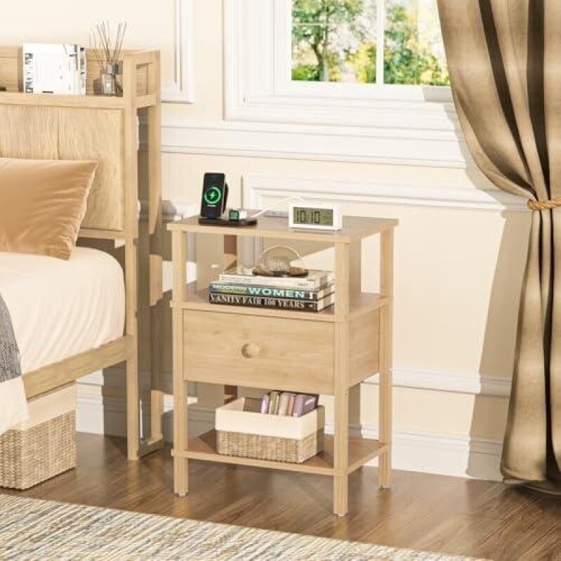 Charging Bedside Table - 3-Tier Storage with USB Ports, Drawer, Natural Wood, Compact