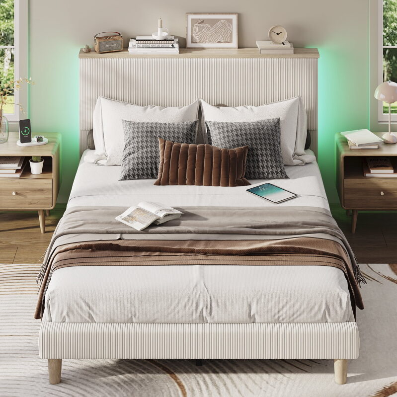 Bestier Queen Size Bed Frame with LED Light & Adjustable Headboard - Comfort & Style