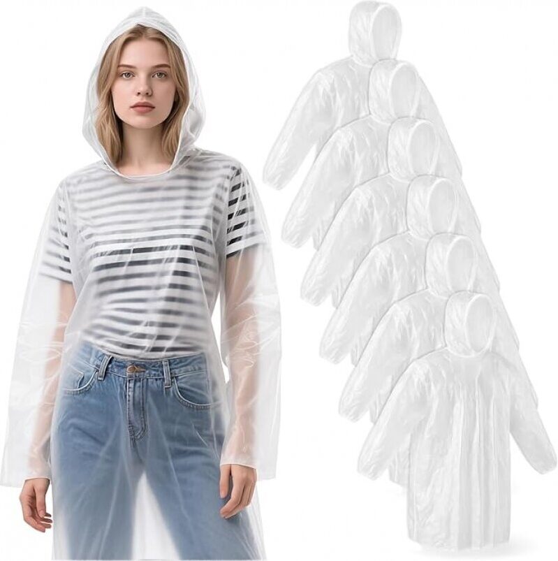 6-Pack Disposable Rain Ponchos for Adults - Transparent Waterproof Raincoat