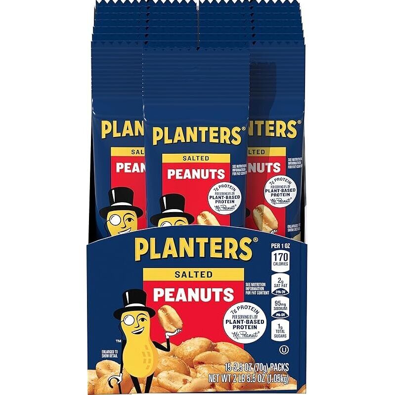 15 Pack Planters Salted Peanuts 2.5oz - Crunchy Snack Packs