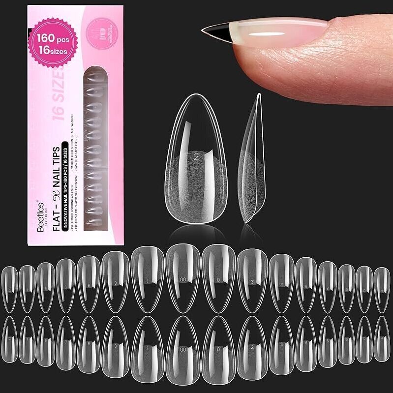 Beetles Gel Nail Tips Flat-X Almond Medium 160pcs - Secure, Long-Lasting, and Versatile