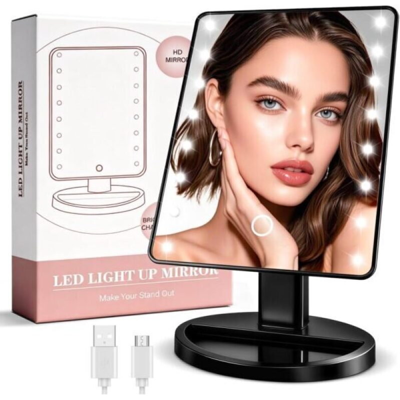 KOOKIN LED Light Up Makeup Mirror - 180° Rotating, Touch Screen, Adjustable Brightness