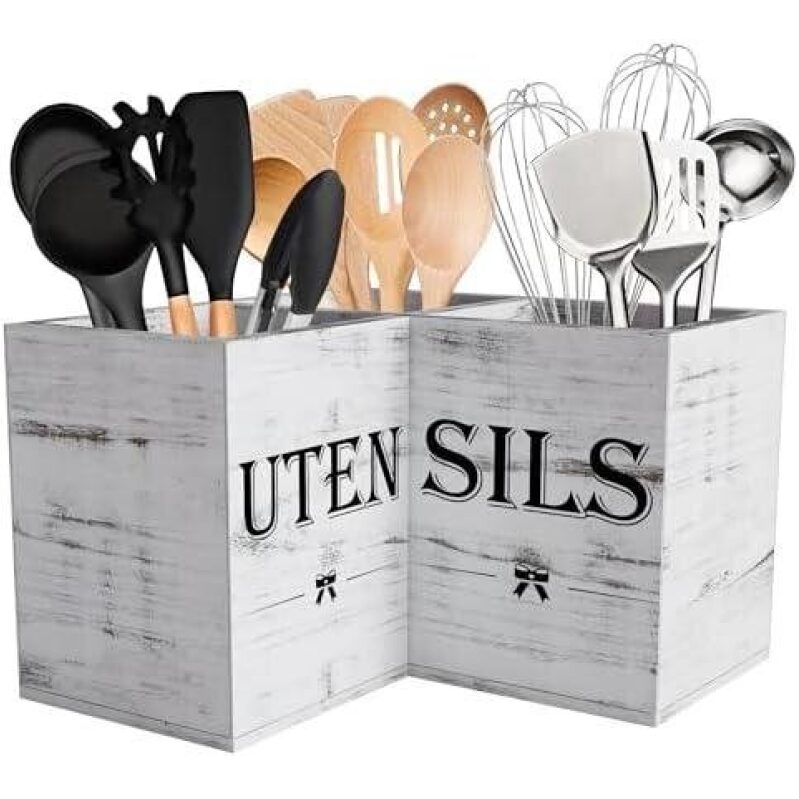 Large Capacity Three-Compartment Wooden Kitchen Utensil Organizer - 50% Off