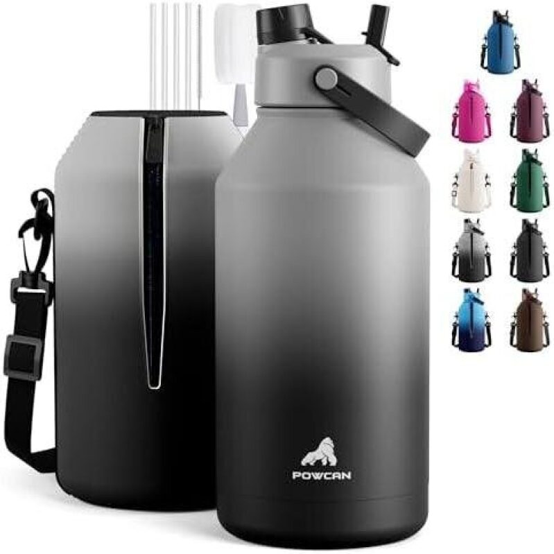 Double-Layer Insulated Sports Water Bottle - 48H Cold Retention, Double Lids, Handle & Carry Strap, Obsidian Black
