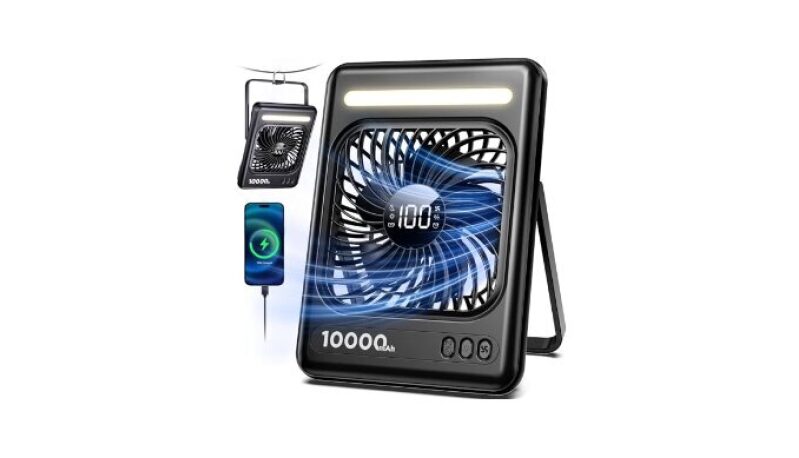10000mAh Travel Fan with LED Lantern - 5 Speeds, Timer, USB Rechargeable