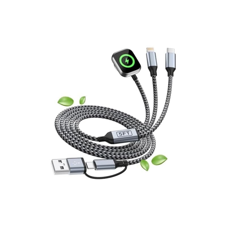 Mpatiby 3-in-2 5ft USB A/USB C Multi Charging Cable for iWatch, iPhones, Androids, and More