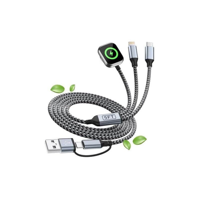 Mpatiby 3-in-2 5ft USB A/USB C Multi Charging Cable for iWatch, iPhones, Androids, and More