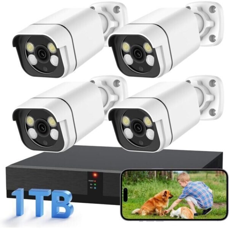 4K Security Camera System: 4pcs 2K PoE Wired Turret Cameras with Human Detection and 2 Way Talk, Color Night Vision, 8MP 4CH NVR with 1TB Hard Drive for 24/7 Local Recording, No Subscription