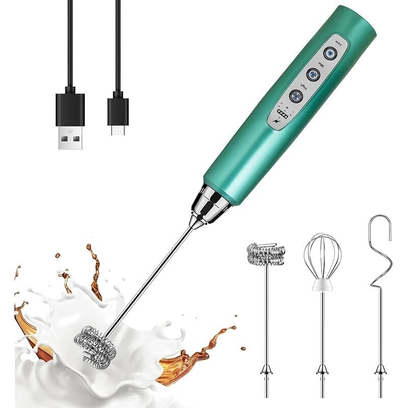 Portable Handheld Milk Frother Wand with 3 Speeds and 3 Heads