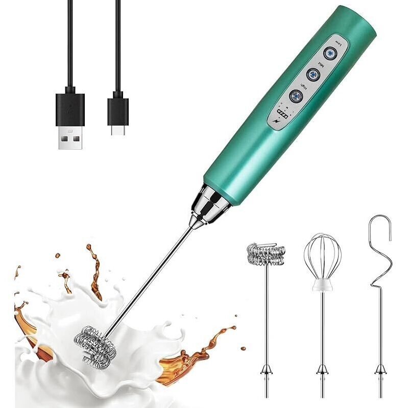 Portable Handheld Milk Frother Wand with 3 Speeds and 3 Heads